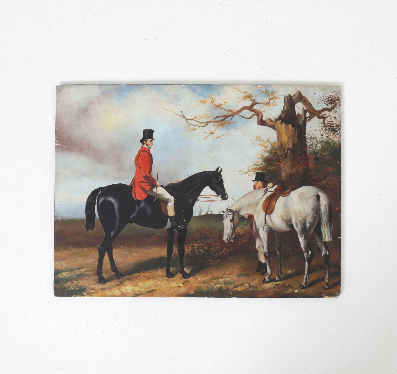 CLASSICAL HUNT SCENE HORSE RIDING O/B 20TH C.: After Earl Granville "Master of the Royal Buckhounds". Indistinctly signed, lower right. Dimensions: H 12" x W " 16 Condition: Wear consistent with age and display. Some scratches and paint loss to ed