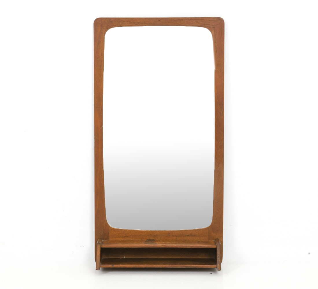 MID-CENTURY DANISH TEAK MIRROR W/ SHELF: Teak framed mirror with small attached shelf at bottom. Apparently unmarked. Dimensions: H 26.5" x W 13.5" x D 4.75" Condition: Wear consistent with age and use including dings and rubs, discoloration