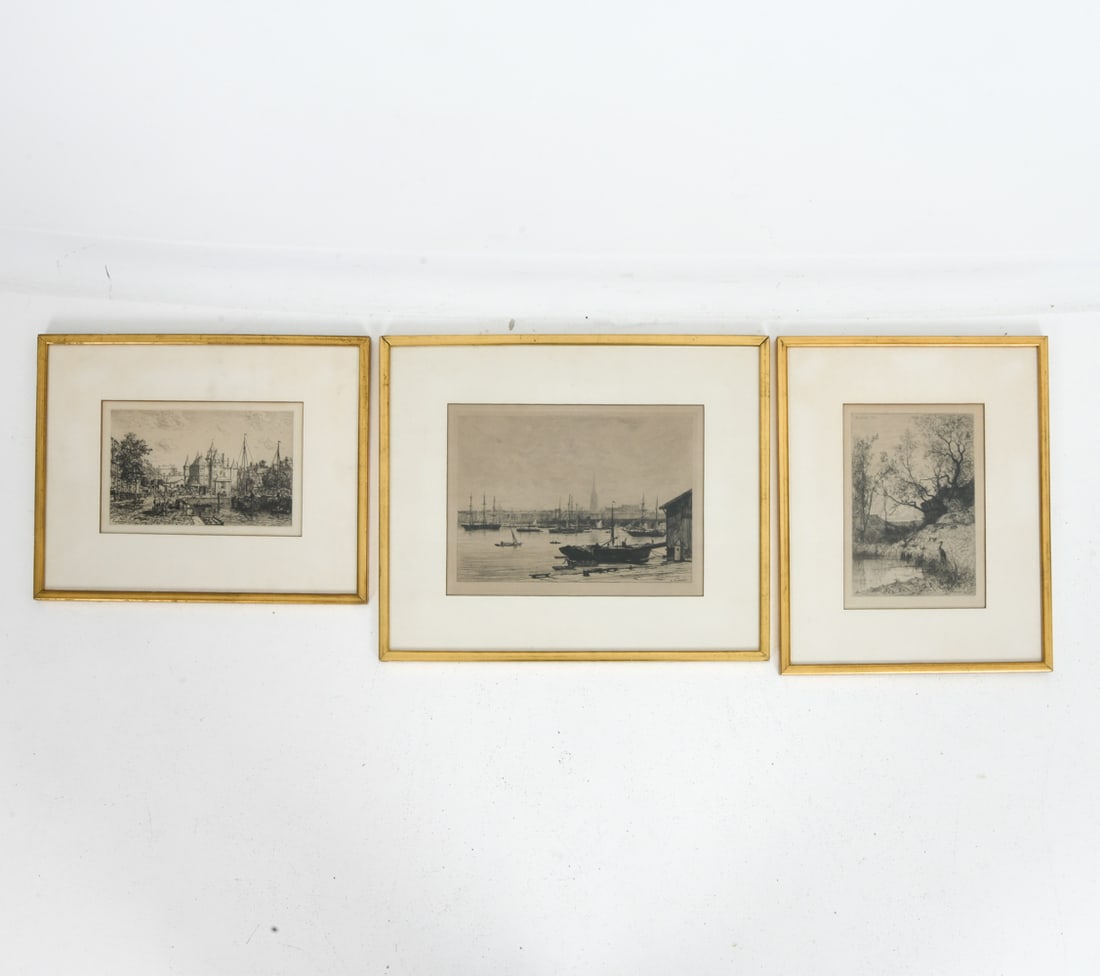 (3) ANTIQUE PRINT GROUPING: Landscape, naval scene and town site. Dimensions: (Frame) H 16.5" x W 19.5" (Sight) H 9.75" x W 13" Condition: Wear consistent with age. Toning to mat, scuffs and nicks to frames.