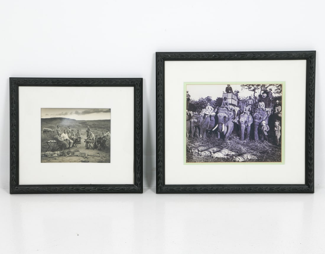 (2) VINTAGE SAFARI HUNTING PARTY PHOTOGRAPHS: Unsigned. Dimensions: Largest (Frame) H n16.5" x W 18" (Sight) H 8.5" x W 11" Condition: Wear consistent with age. Buckling to surface.