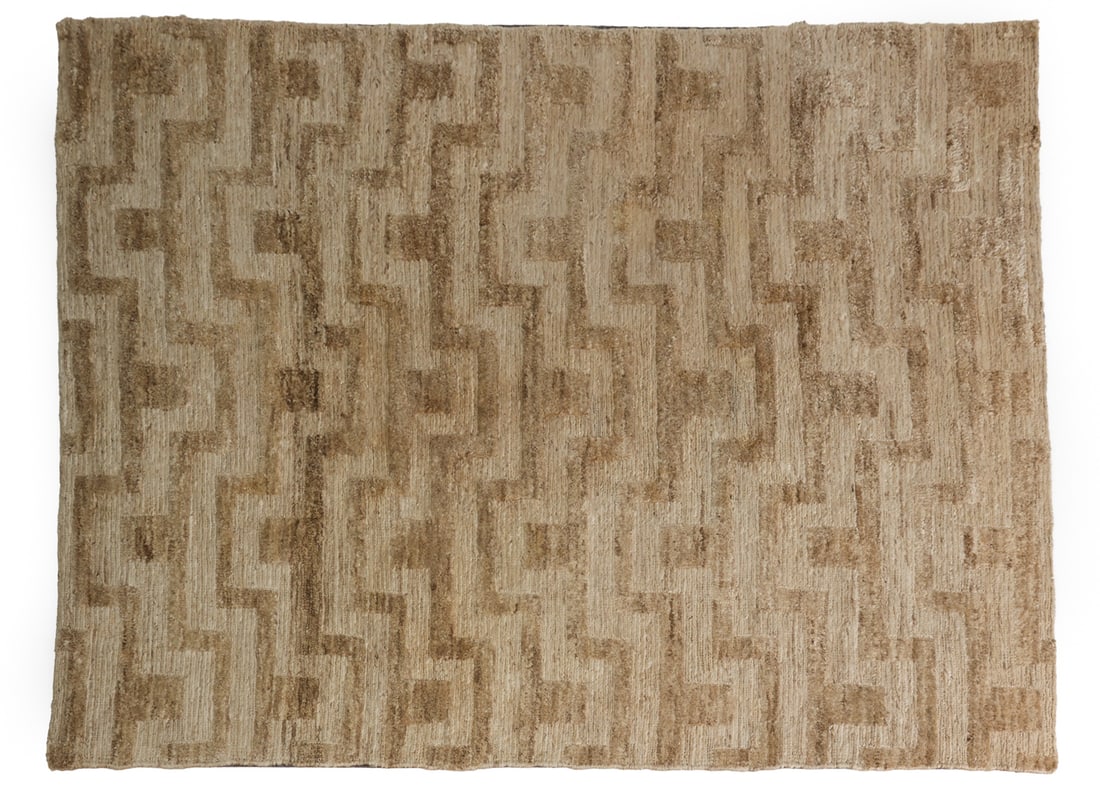 RESTORATION HARDWARE WABI SABI GEO NATURAL RUG: Wabi Sabi Geo woven jute rug, made in India. Labeled on underside giving information, circa 2019. Dimensions: L 117" x W 88" Condition: Small spots of soiling and light surface marks.