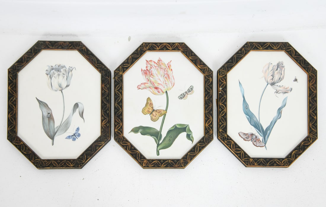 (3) BOTANICAL PRINT GROUPING: Grouping of three botanical prints showcasing different colored tulips with butterflies. All unsigned. Dimensions: H 14" x W 11" (Sight) H 12" x W 9" Condition: Scuffs and rubbing to frames.