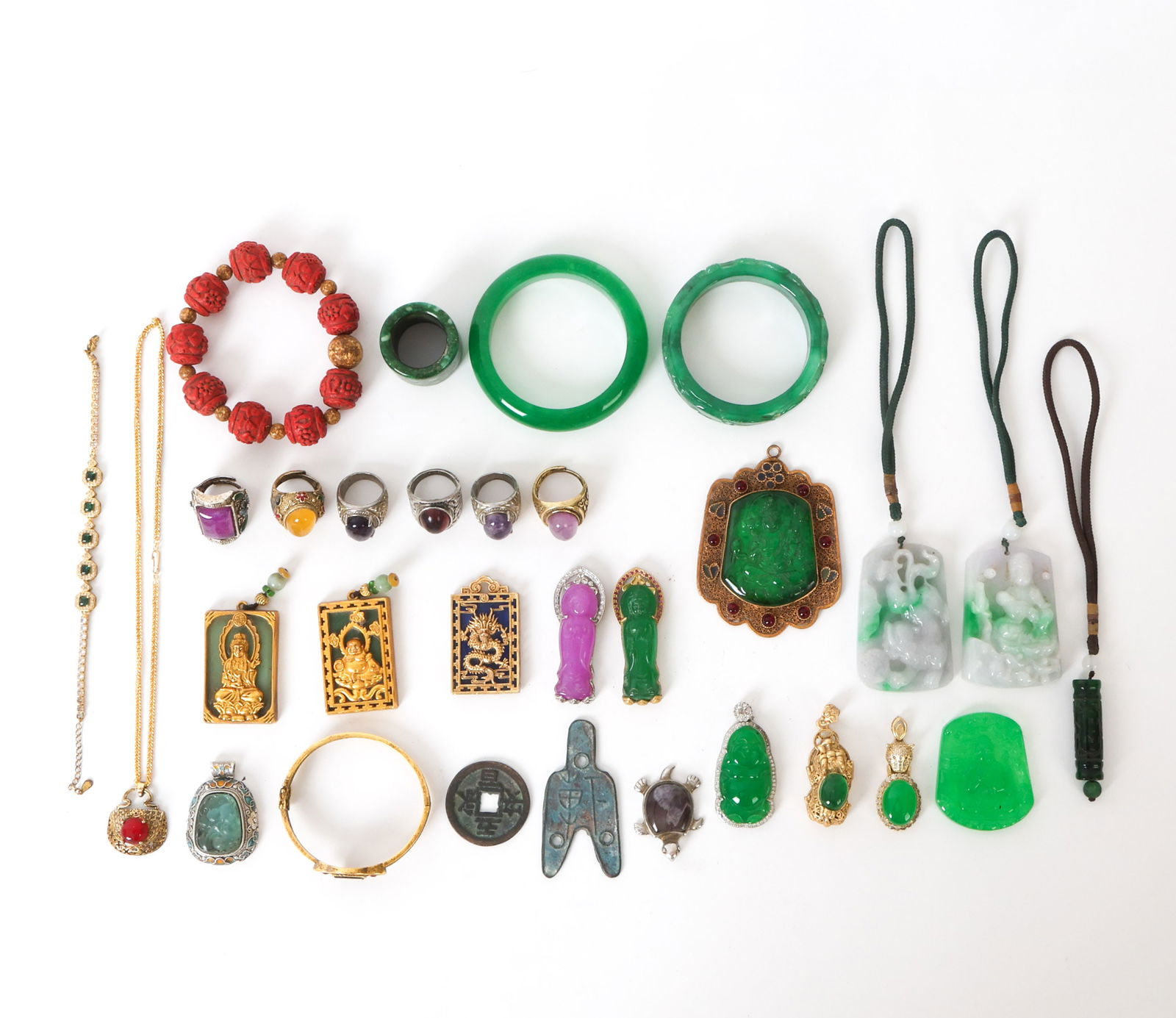 CONTEMPORARY CHINESE COSTUME JEWLERY: (31) Items including: bracelets, rings, medallions and more. Dimensions: (Largest) Dia 6" Condition: Wear consistent with age and use. Minor scuffs, light oxidizing to some items.