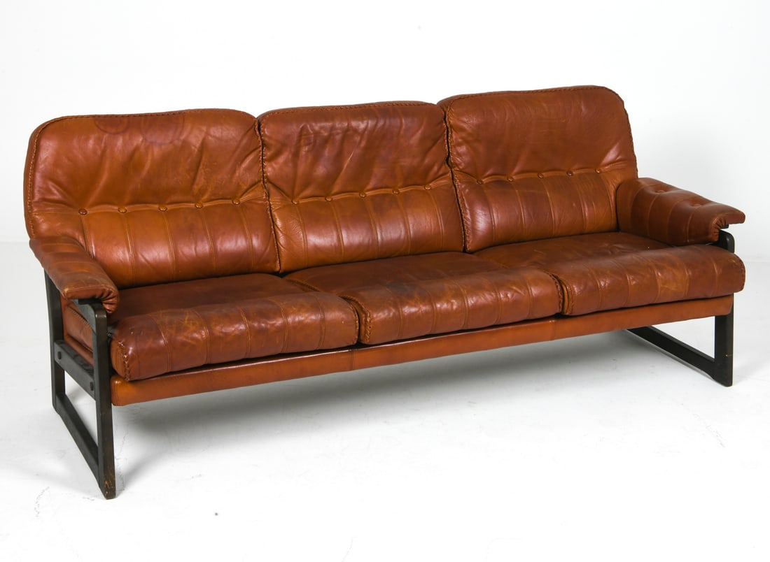 ARNE NORELL STYLE LEATHER & BEECH SOFA C. 1970S (1 of 1)
