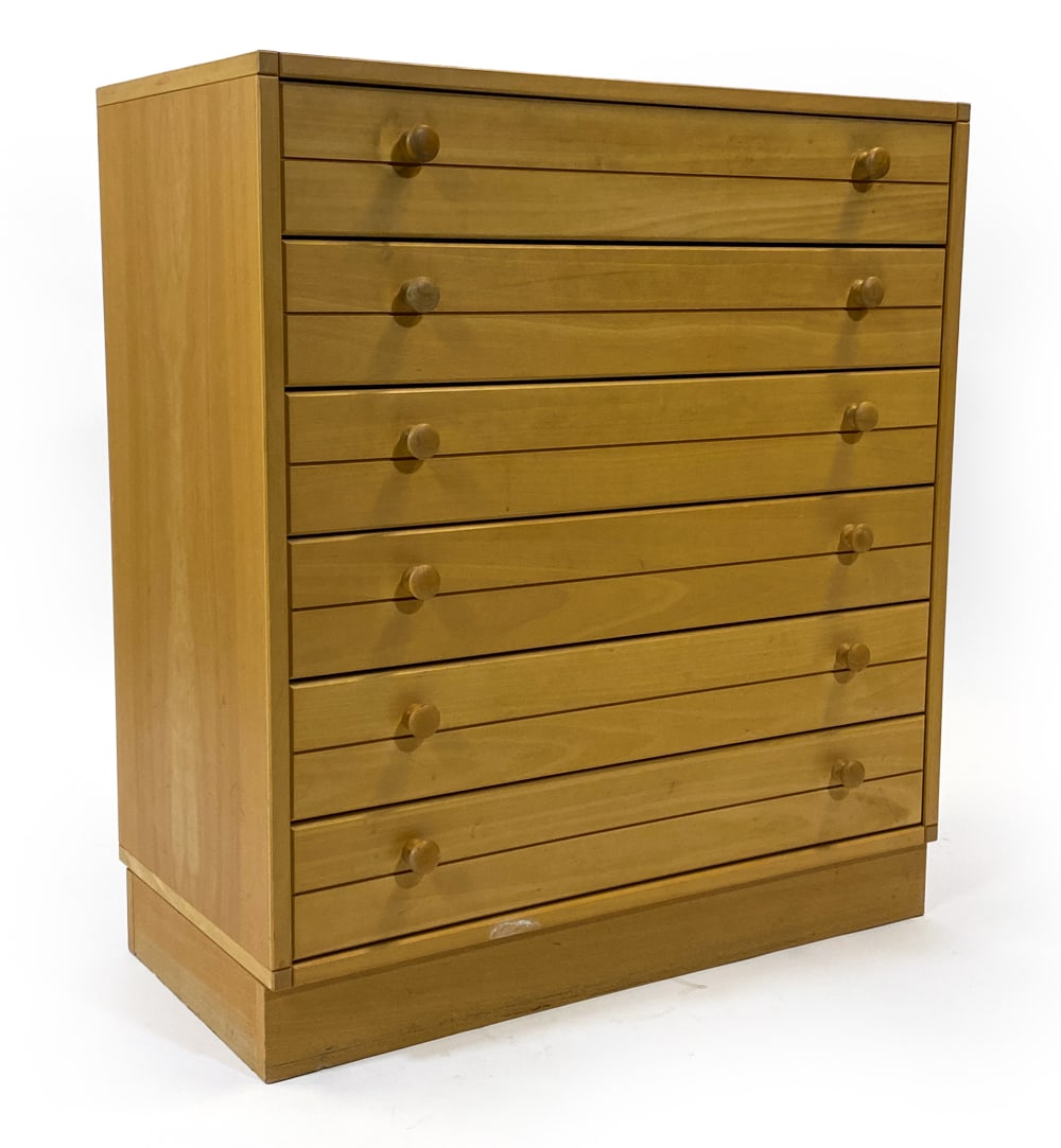 MOGENS KOCH STYLE OAK CHEST OF DRAWERS 1970S: Danish chest of drawers with round drawer pulls and carved linear details. Denmark, circa 1970s. Dimensions: H 35" x W 31.5" x D 15.75". Condition: Minor chip and loss to veneer to bottom edge, Light
