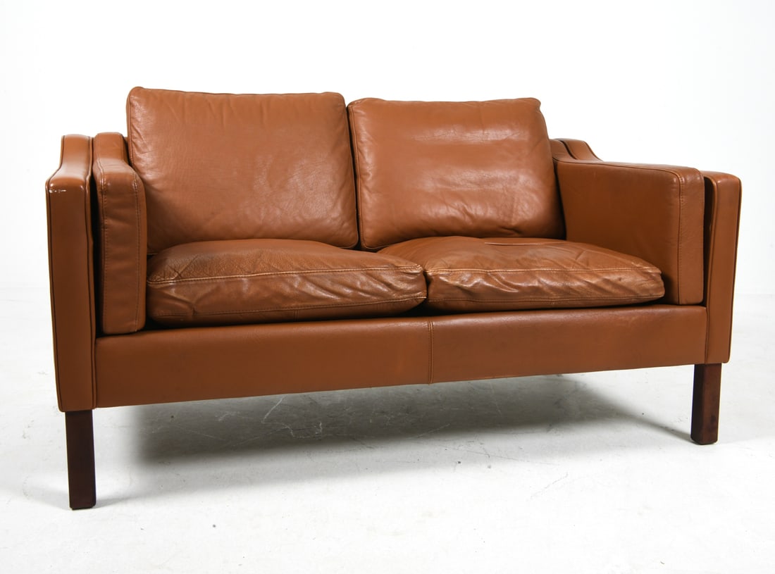 ATTR. STOUBY DANISH LEATHER LOVESEAT C. 1970S (1 of 1)