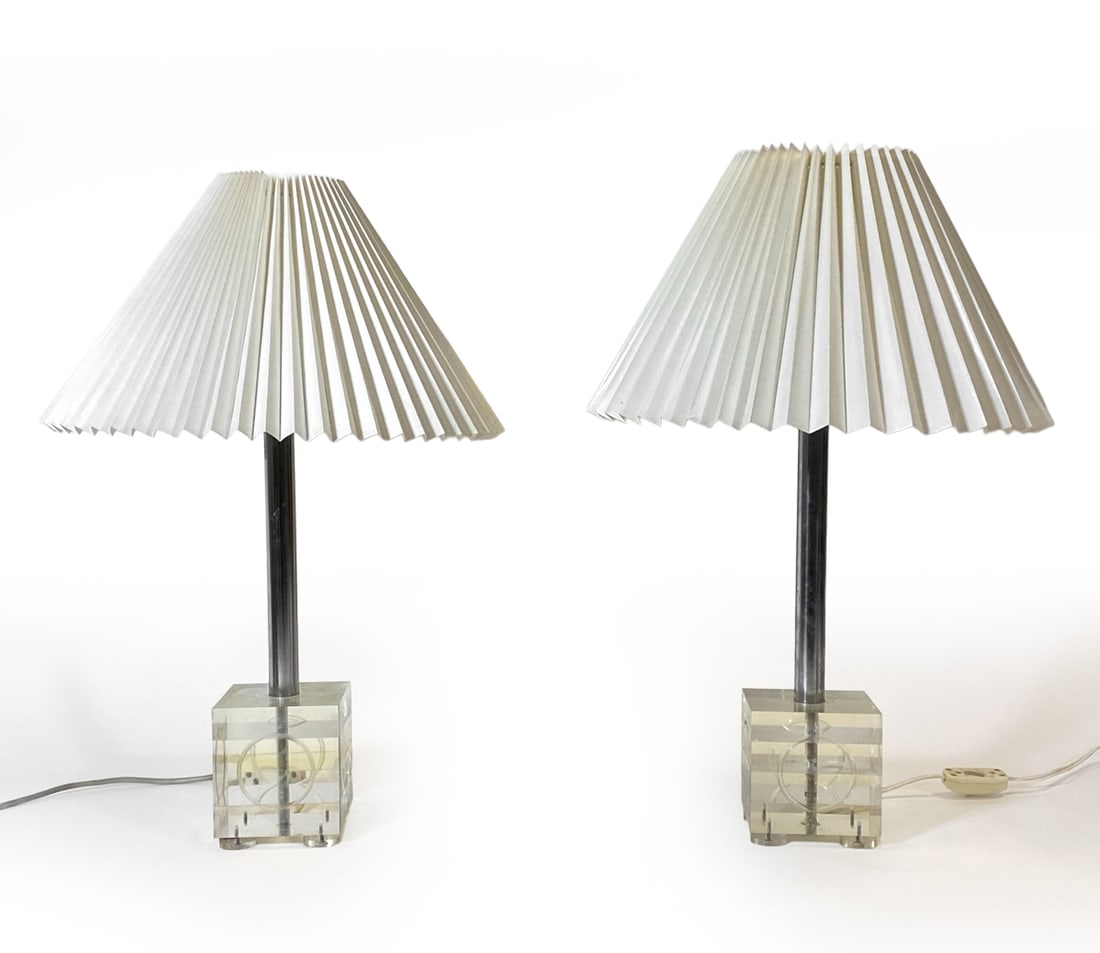 PAIR OF DANISH LUCITE CUBE & CHROME TABLE LAMPS (1 of 1)