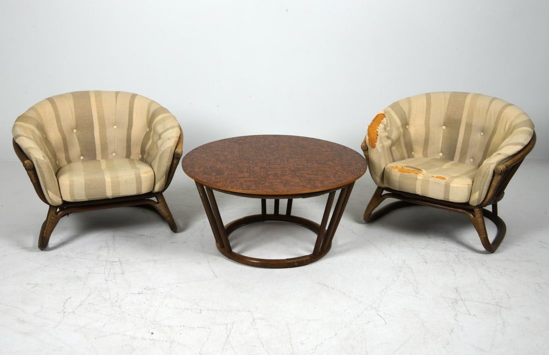 PAIR OF DANISH BAMBOO CHAIRS & COPPER TABLE (1 of 1)