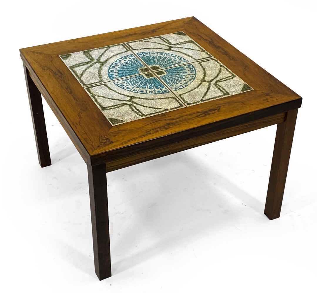 DANISH ROSEWOOD & TILE SIDE TABLE C. 1970S: Rosewood side table with ceramic tiles inlaid to top. Denmark, circa 1970s. Dimensions: H 16.75" x W 23" x D 23" Condition: Showing signs of wear including light scratches and scuffs to wood finish.