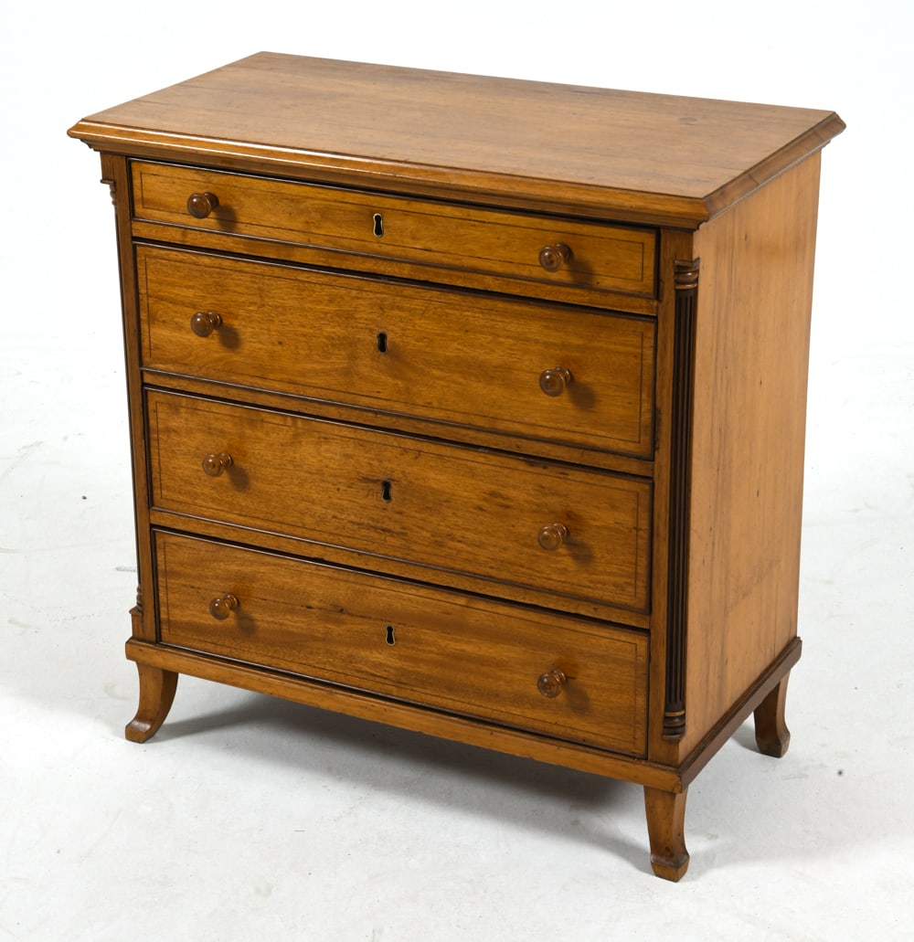 19TH C. DANISH MAHOGANY CHEST OF DRAWERS: Chest of drawers with carved column decoration to corners. Denmark. Dimensions: H 32" x W 32" x D 16.5". Condition: No key. Slight separation to boards on top. Wear consistent with age and use.