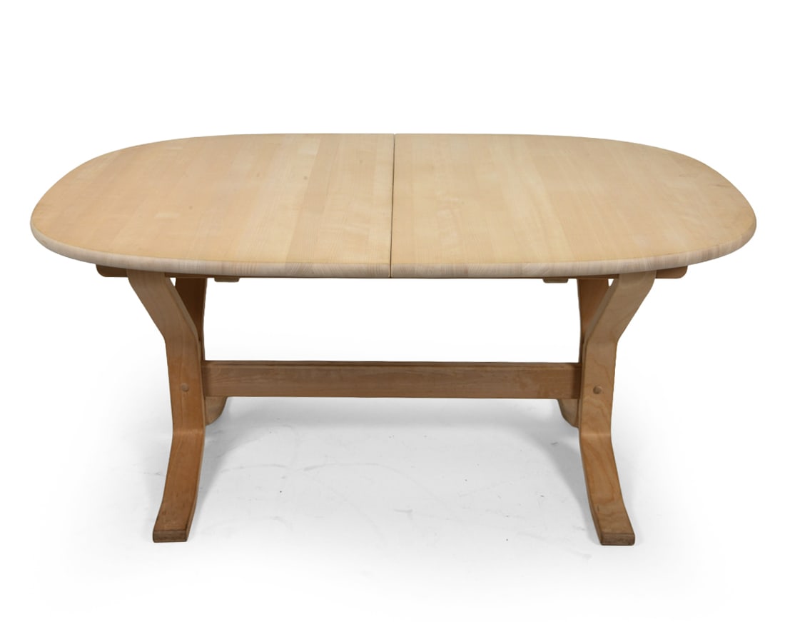 RUBBY MOBLER DANISH BEECH EXPANDING DINING TABLE: (2) Leaves included. Stamped and dated 1994 underneath to apron. Denmark. Dimensions: H 28" x W 62" x D 41.5". Leaves W 19.75". Condition: Minor scuffs, wear consistent with age and use.