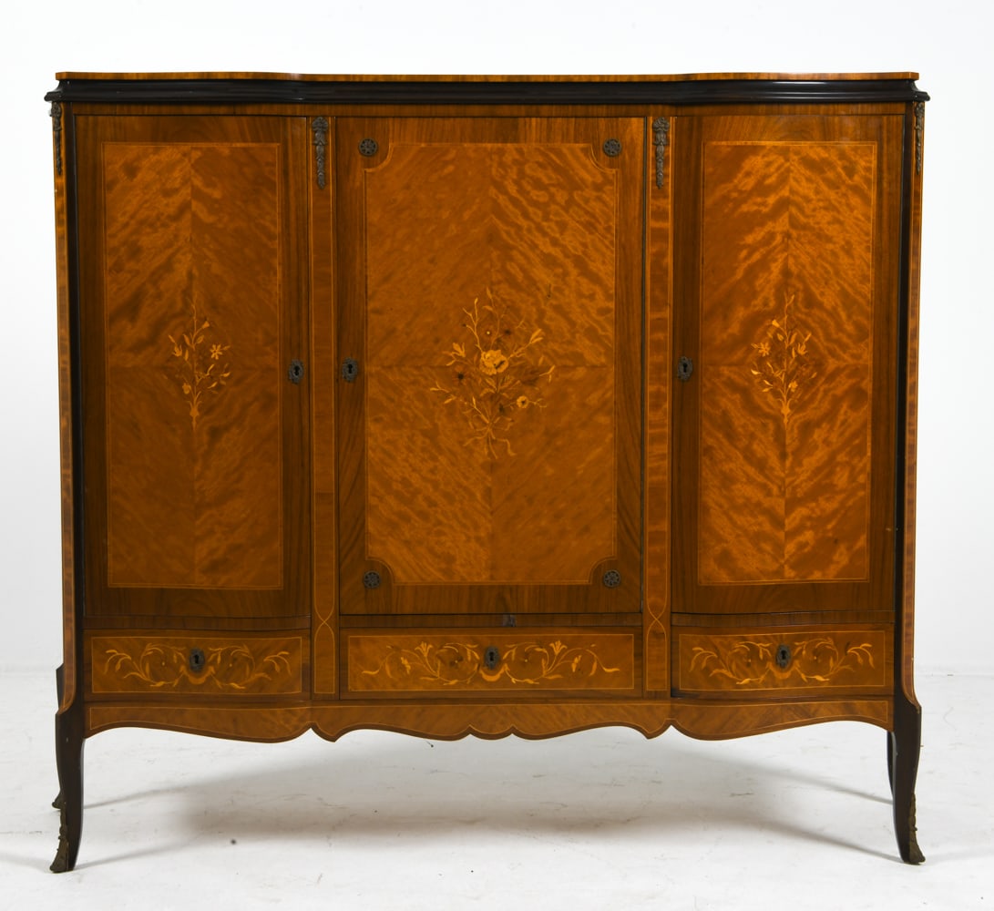 FRENCH FLAME MAHOGANY SIDEBOARD OR DRESSER CABINET: Key included. Flame mahogany cabinet with inlaid details. Velvet lined drawers to center cabinet. Adjustable shelves. Bronze accents. French, 20th c. Dimensions: H 51" x W 56" x D 17". Condition: