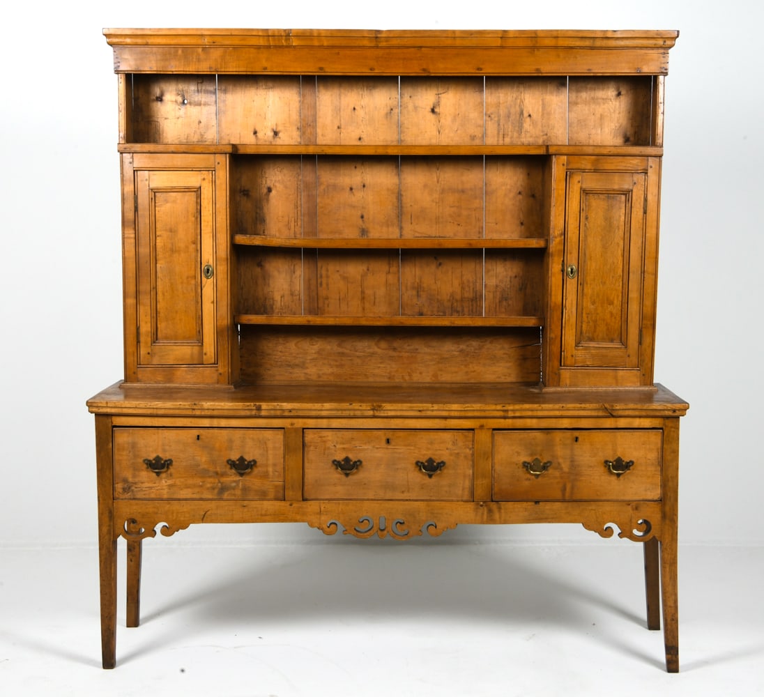 19TH C. SCANDINAVIAN SIDEBOARD W/ HUTCH: Keys included. Top sits freely on base. Carved detailing to apron. Scandinavian, mid to late 19th century. Dimensions: As Shown H 78" x W 72" x D 18". Condition: Old signs of worming, not active.