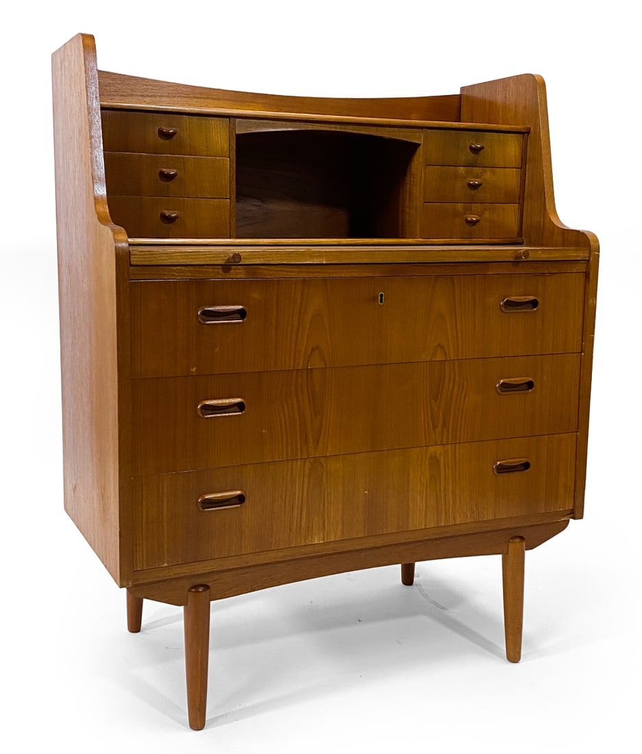 STORGAARD NIELSENS DANISH TEAK SECRETARY DESK: Key Included. Denmark, circa 1960s. Dimensions: H 41.25" x W 33" x D 16.75". Condition: Scratches and rubs to top and sides, Wear consistent with age and use.