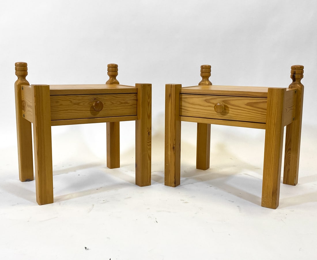 PAIR OF SWEDISH PINE NIGHTSTANDS C. 1970S: Dimensions: H 20.5" x W 18.75" x D 14.5". Condition: Minor rubs and scuffs to top and legs, Wear consistent with age and use.