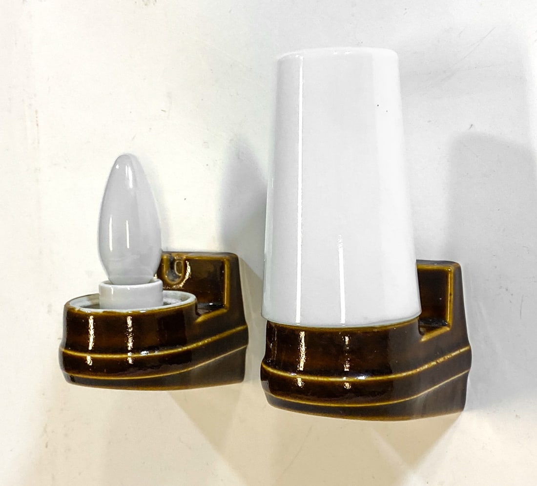 SIGVARD BERNADOTTE MODEL 6080 CERAMIC WALL SCONCES: For IFO. Ceramic wall sconce with one opaline glass shade. Denmark, circa 1970s. Dimensions: H 7" x W 3" x D 4.25". Condition: Missing one shade. Wiring untested. Wear consistent with age and use.