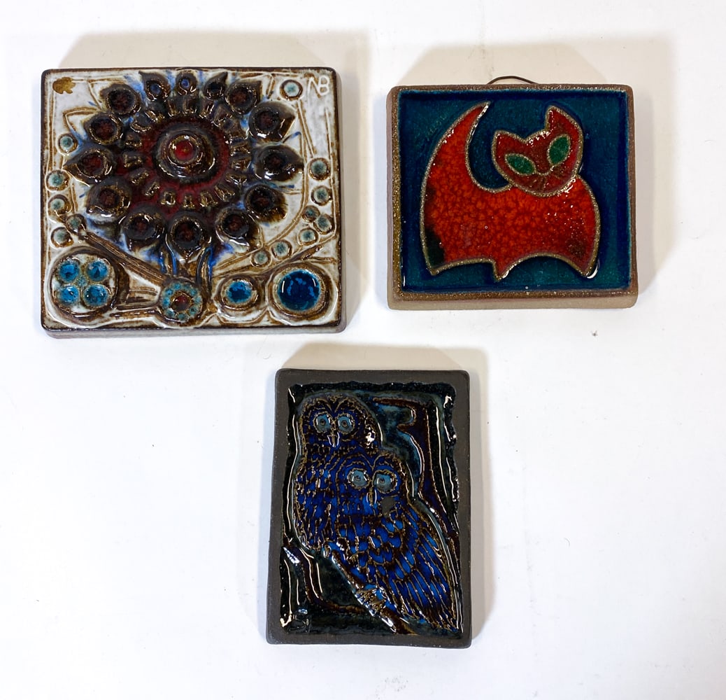 SOHOLM STENTOJ DANISH CERAMIC TILE GROUPING: Marked on backs. Denmark, circa 1970s. Dimensions: Each Approx. H 7.5" x W 6". Condition: Minor scuffs, wear consistent with age and use.