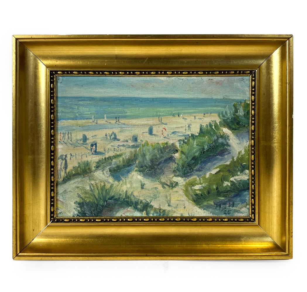 DANISH BEACH LANDSCAPE O/B C. 1925: Signed and dated to lower right corner, 1925. Beach landscape with figures. Oil on board. Mid 20th century. Dimensions: Frame H 12" x W 14.75". Board H 8.75" x W 11.25". Condition: Few scuffs to