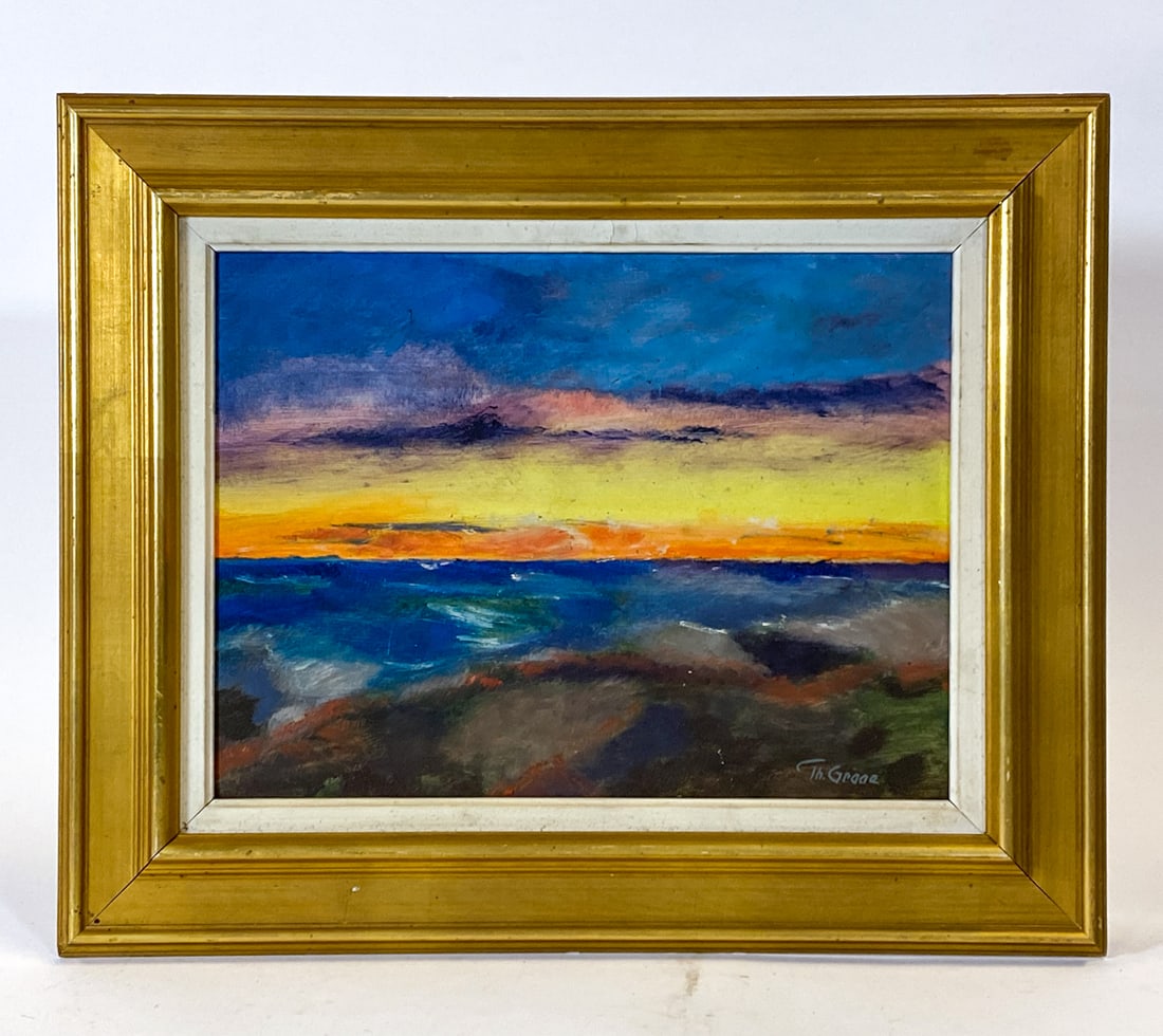 DANISH SUNSET LANDSCAPE O/B: Signed to lower right corner. Beach landscape at sunset. Oil on board. Denmark, mid 20th century. Dimensions: Frame H 18" x W 22". Board H 12" x W 15.75". Condition: Few scuffs and dings to frame,