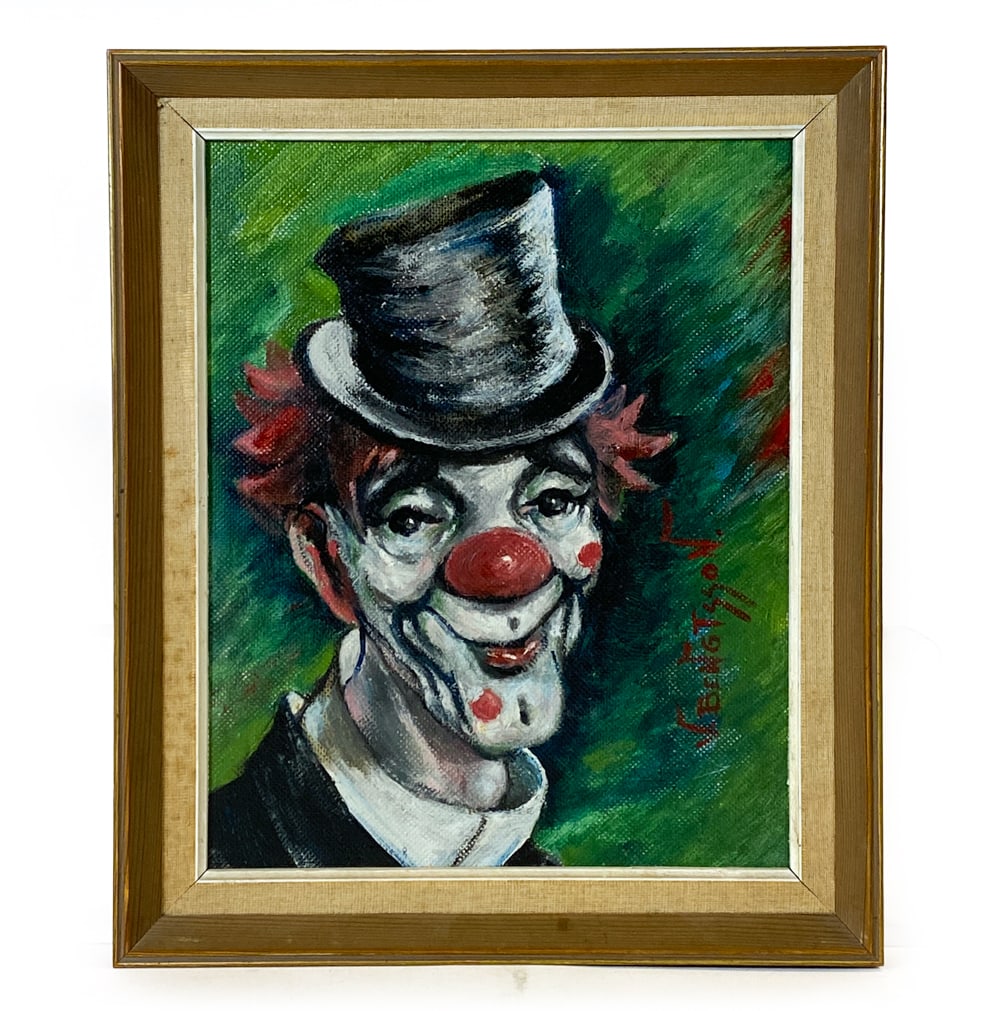 V. BENGTSSON (20TH C.) PORTRAIT OF A CLOWN O/B: Signed to lower right side. Dimensions: Frame H 17" x W 14.5". Board H 14.75" x W 11.5". Condition: Minor scuffs to frame, wear consistent with age and display.