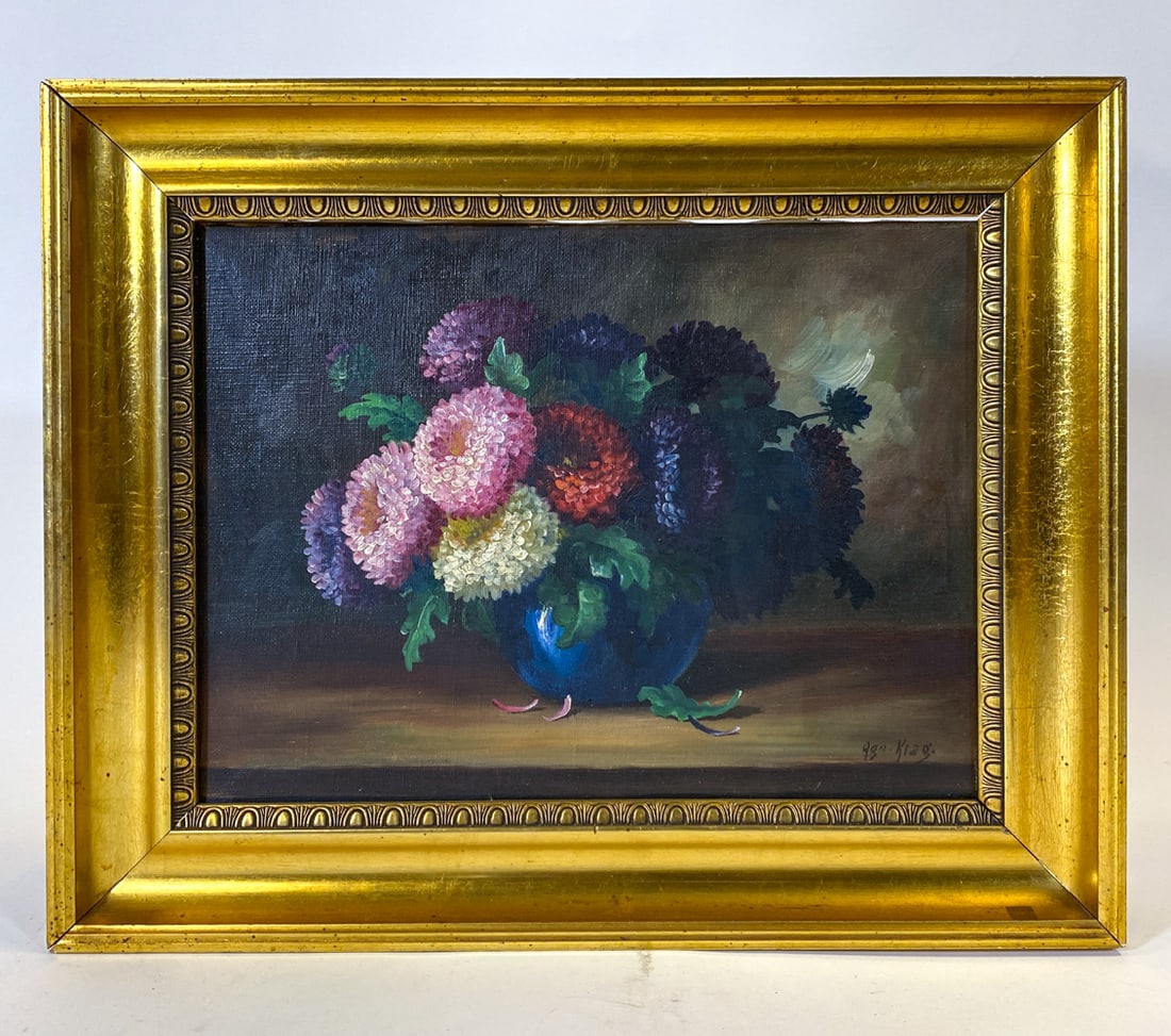DANISH STILL LIFE FLOWERS O/C: Signed to lower right corner. Oil on canvas. Denmark, mid 20th century. Dimensions: Frame H 16.5" x W 20.25". Canvas H 11.75" x W 16". Condition: Canvas loose in frame. Minor losses to frame. Wear con