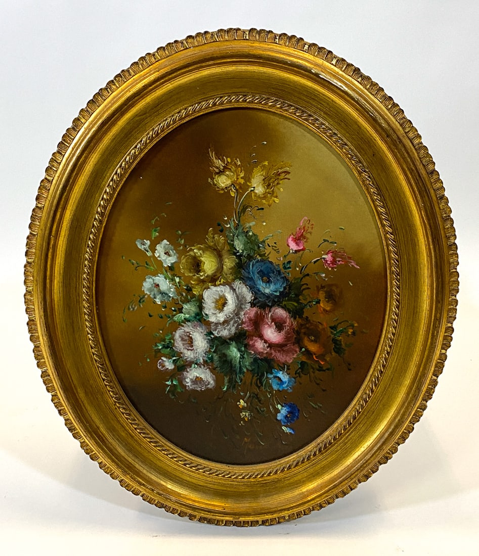 DANISH STILL LIFE FLOWERS O/B: Signed to lower right. Oil on board. Denmark, mid 20th century. Dimensions: Frame H 26" x W 22". Sight H 18.75" x W 15". Condition: Minor chips and paint loss along the top curved edge, Wear