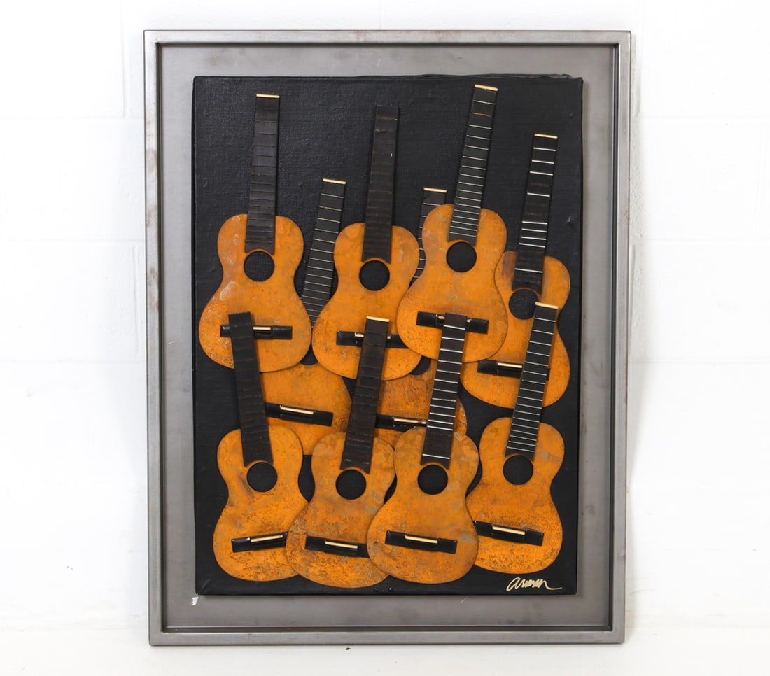 HUGUES CHEVALIER ARMAN GUITAR COLLAGE: Mixed media collage and sculptural artwork, by Arman (Armand Pierre Fernandez). Signed lower right, numbered 2/30 on verso. Certificate for a work of art on verso. Dimensions: (Frame) H 38.25" x W 29.