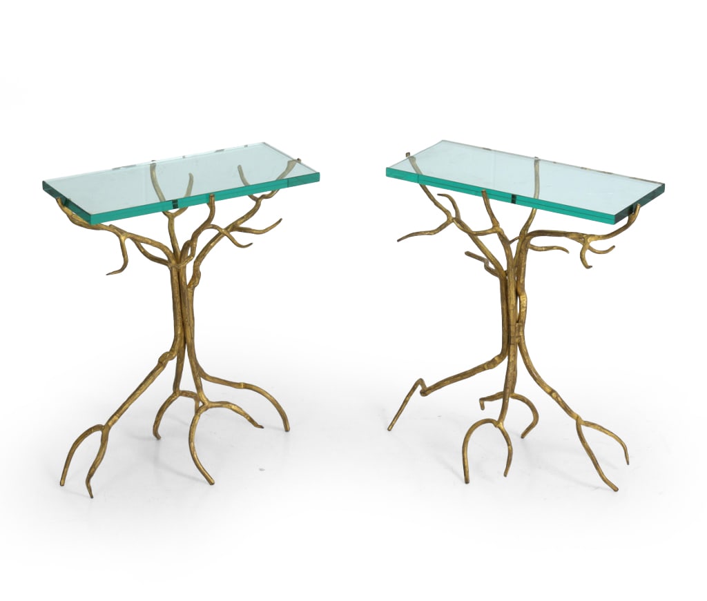 PAIR OF RAMILLE GILT & GLASS OCCASIONAL TABLES: A pair of Ramille occasional tables with gilt finish, "twig" design bases & glass tops. Apparently unmarked. Dimensions: H 22.5" x W 19.25" x D 9" Condition: Wear consistent with age and use. Rubs