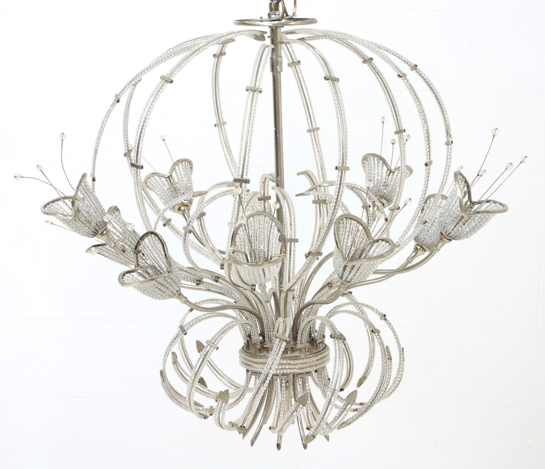 FRENCH FLORAL BEADED CHANDELIER: French 10-light chandelier featuring many arms, floral patterns, decorative buds and many beads throughout. Apparently unmarked. Dimensions: (Fixture) H 24" x Dia 27" Condition: Some tarnish and surfa