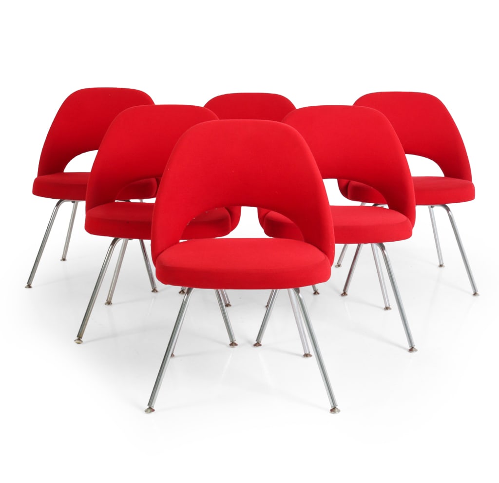 (6) EERO SAARINEN FOR KNOLL EXECUTIVE CHAIRS: Grouping of (6) executive side chairs designed by Eero Saarinen for production by Knoll. Red fabric upholstery with tubular polished chrome legs. With Knoll label on underside. Dimensions: H 31" x W