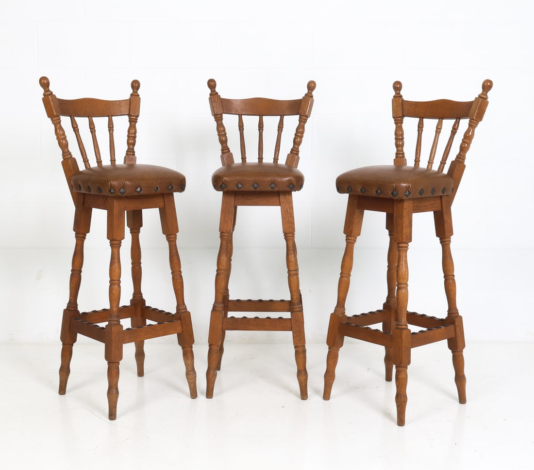 (3) DUTCH OAK & LEATHER BAR STOOLS (1 of 15)