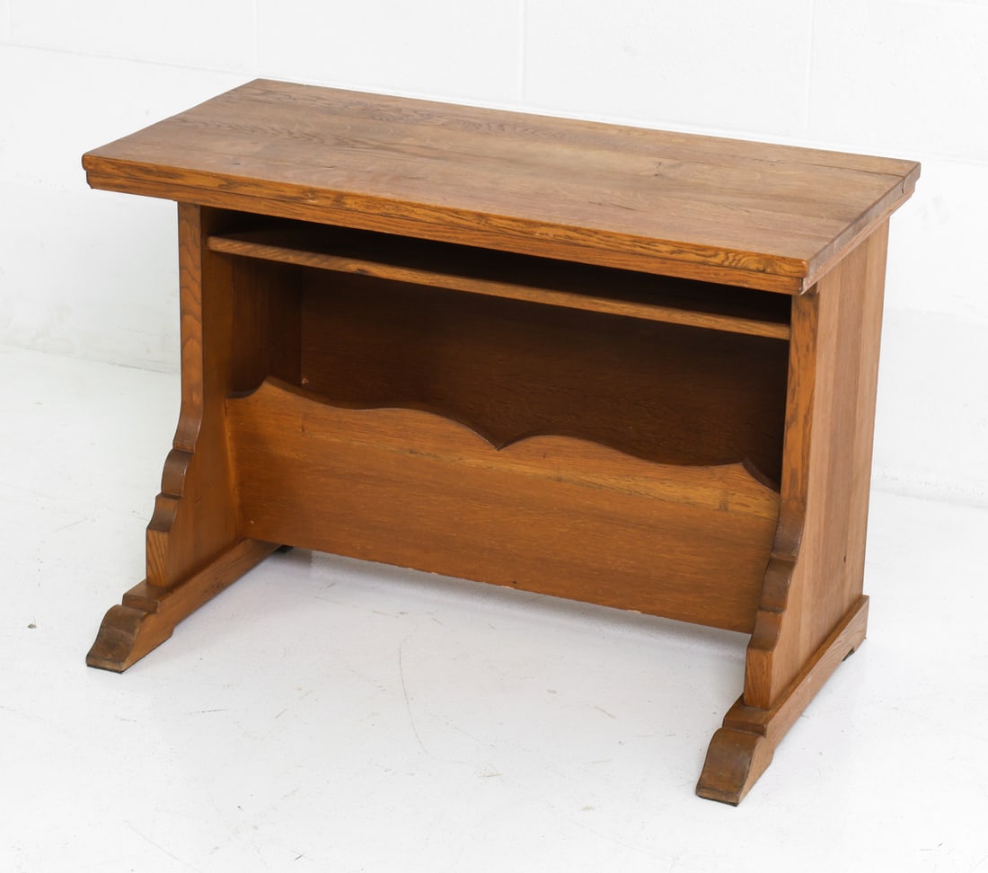 GERMAN OAK SIDE TABLE C. 1960S: Oak console table or side table with magazine rack underneath. Germany, circa 1960s. Dimensions: H 22.25" x W 31.75" x D 18" Condition: Watermarks and stress cracks to top, Minor nicks, soiling spots