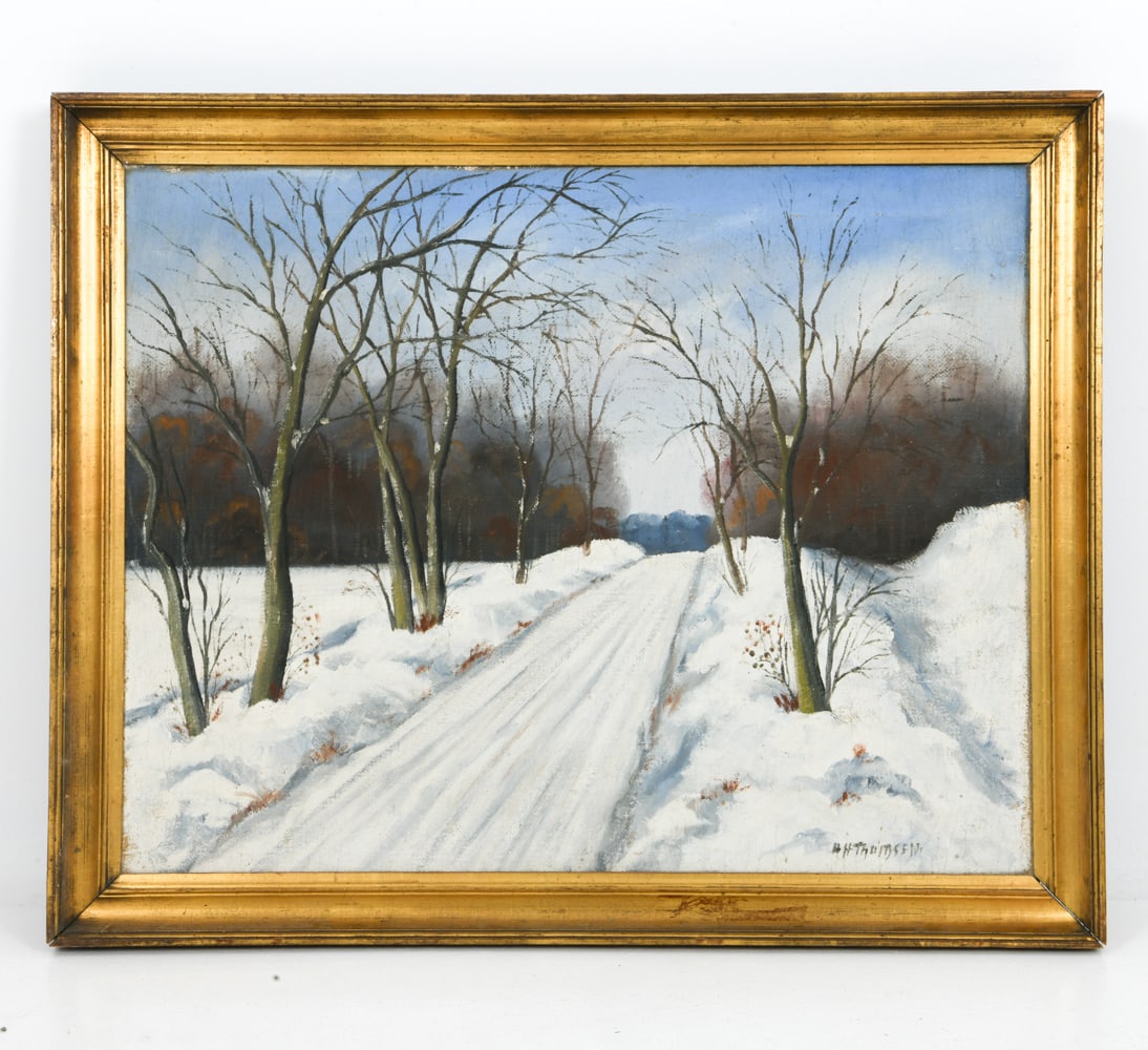 DANISH WINTER LANDSCAPE SCENE O/C: Painting features a snowy landscape with bare trees along a path or road. Possibly signed H. Thamsen lower right corner. Dimensions: (Frame) H 26.26" x W 32.25" (Canvas) H 22.5" x W 28.75" Condition: