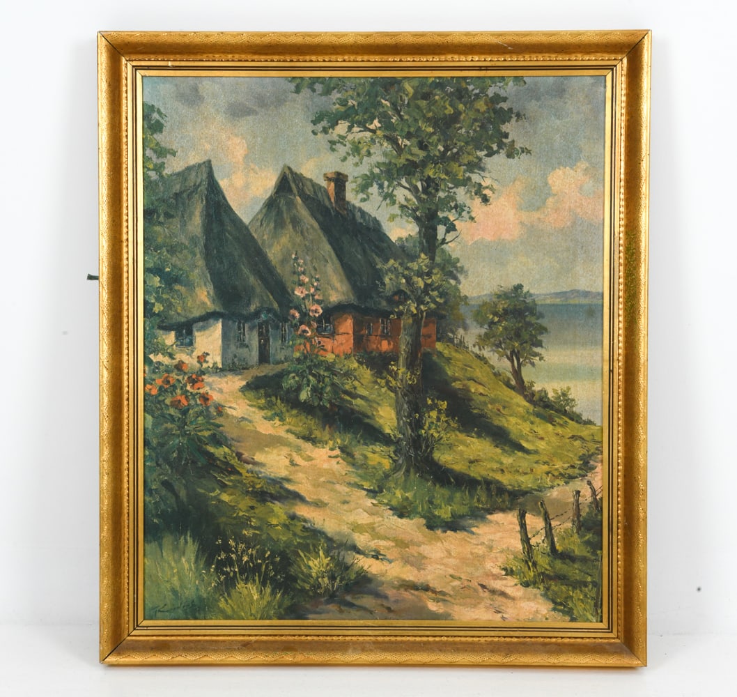 DANISH LANDSCAPE PAINTING OF A HOUSE O./C: Painting depicts a house in a rural location overlooking the water with hills in the background. Indistinctly signed lower left corner. Dimensions: (Frame) H 30.25" x W 26.5" (Sight) H 27" x W 23"