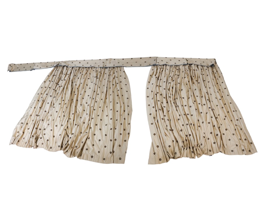 DRAPERIES AND BED CANOPY: Dimensions: (panel) L 104" x W 246" Condition: Showing signs of wear including light soiling consistent with age and use.