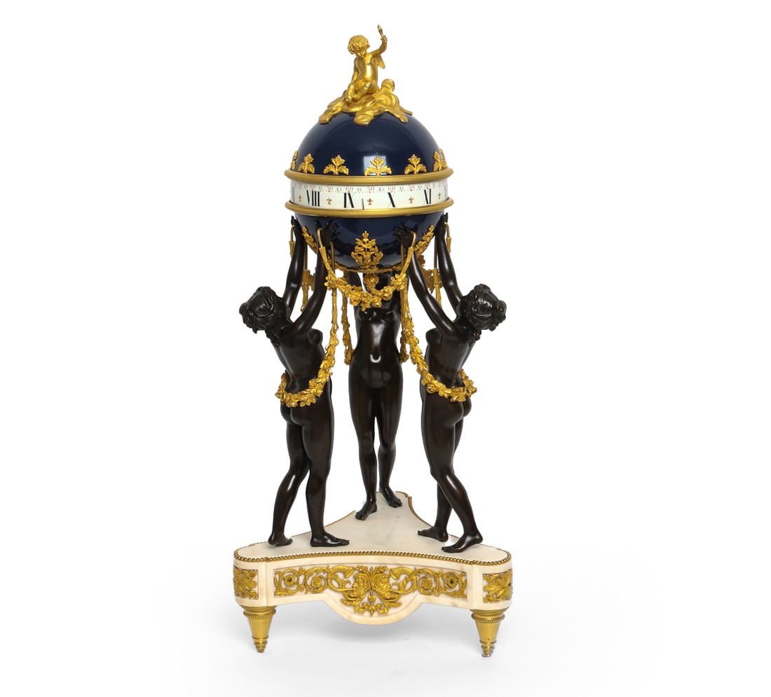 19TH C. FRENCH MERCURY GOLD FIGURAL CLOCK: Large French Louis XVI-style mantel clock in the manner of Henry Dasson. Finely chased gilt and patinated bronze with sculptural marble cercles tournants. Revolving Roman numeral chapter ring with fix