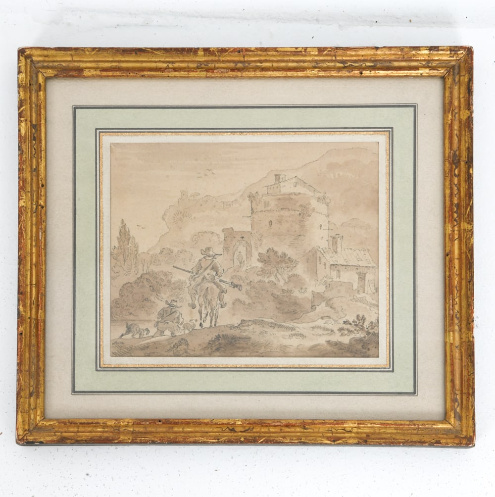ANTIQUE PASTORAL LANDSCAPE SCENE INK WASH DRAWING (1 of 10)