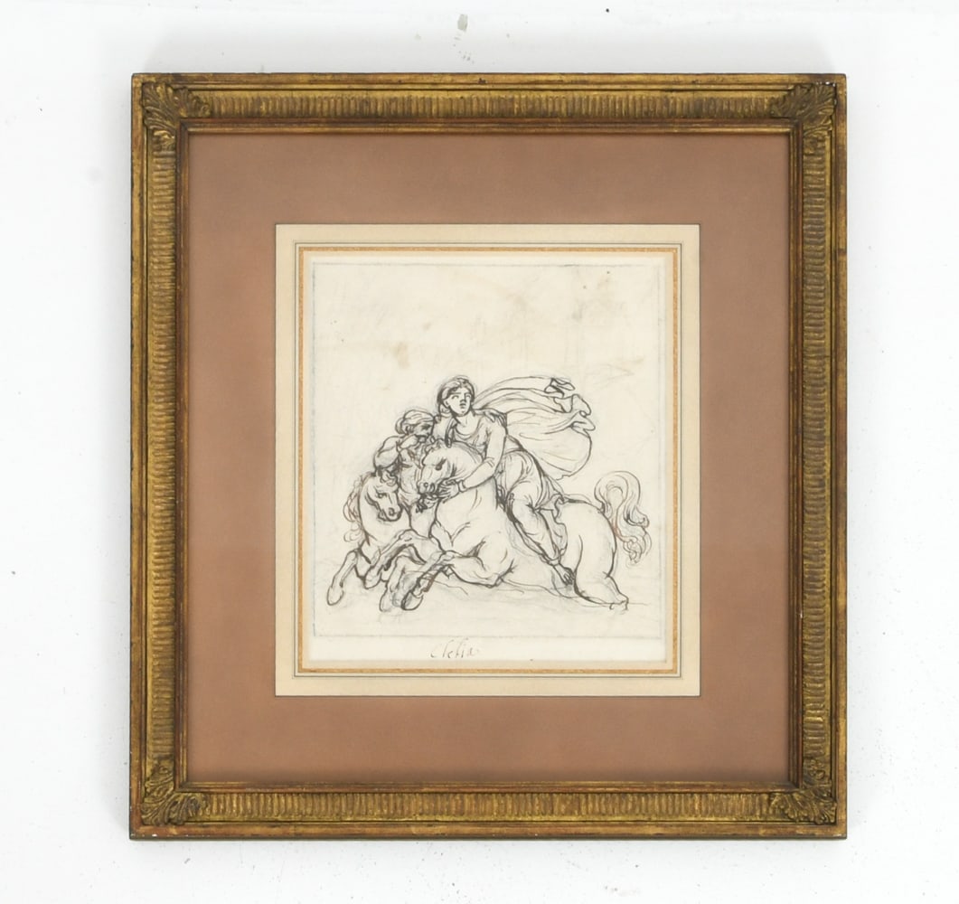 ANTIQUE ROMAN SCENE PEN & INK DRAWING: Antique pen and ink drawing depicting a a legendary Roman heroine from around 508 BC, Clelia or Cloelia. Scene appears to be Clelia on a horse crossing the Tiber. Apparently unsigned, titled "Clelia"