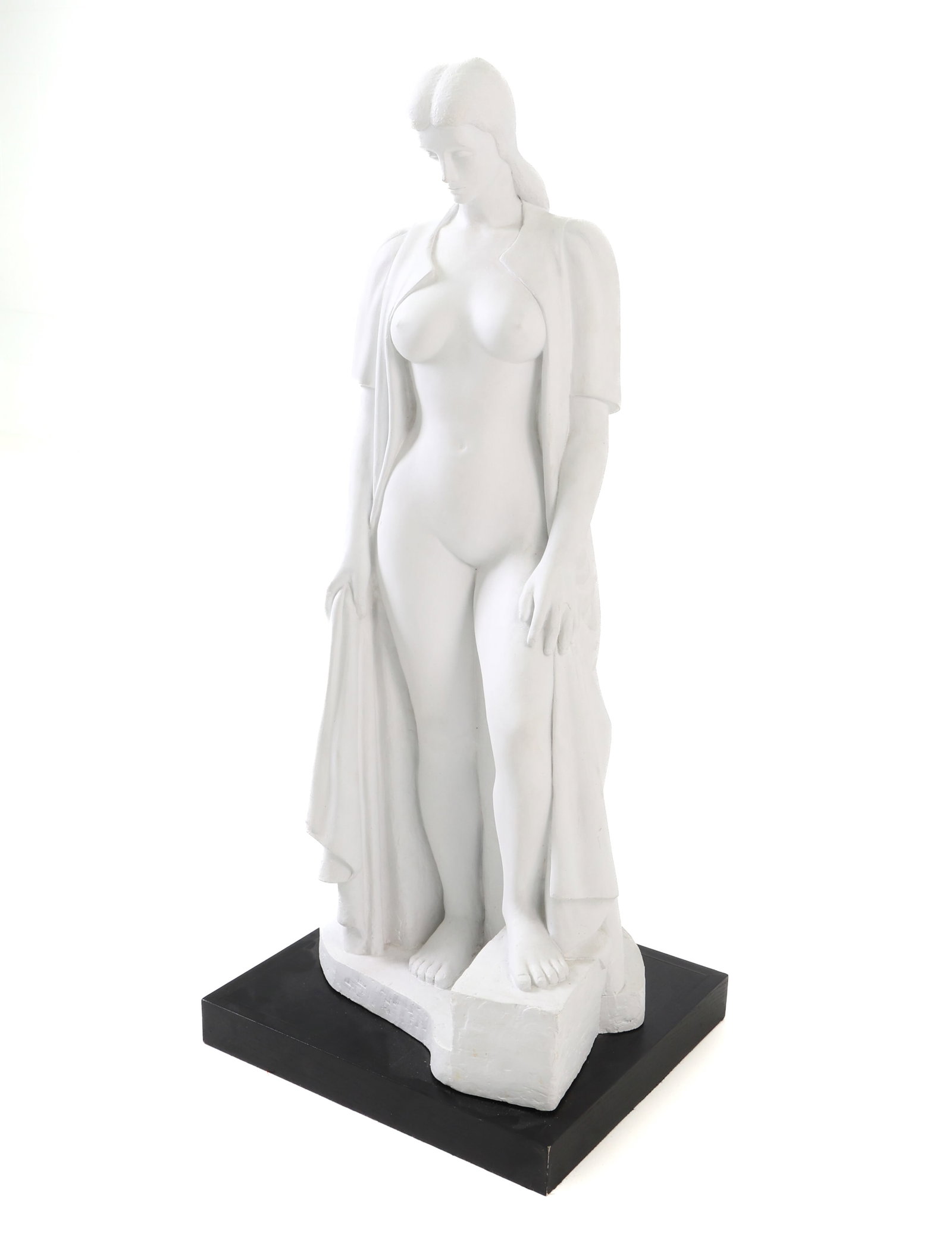 BETTI RICHARD (AMERICAN, 1916-2005) FEMALE NUDE: Matte white cast plaster sculpture on black-painted wooden base, depicting a nude standing female draped in an open robe. Contrapposto with head inclined downward. Signed to the base. 20th century.