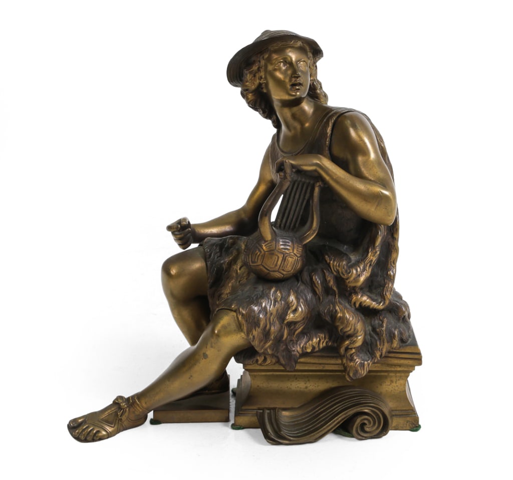 19TH C. BRONZE FIGURAL CLOCK SCULPTURE: Figural bronze sculpture depicting the Greek musician god Orpheus seated and holding a lyre. In the style of Albert Ernest Carrier. Apparently unmarked. Appears to be meant to sit atop a mantle clock.