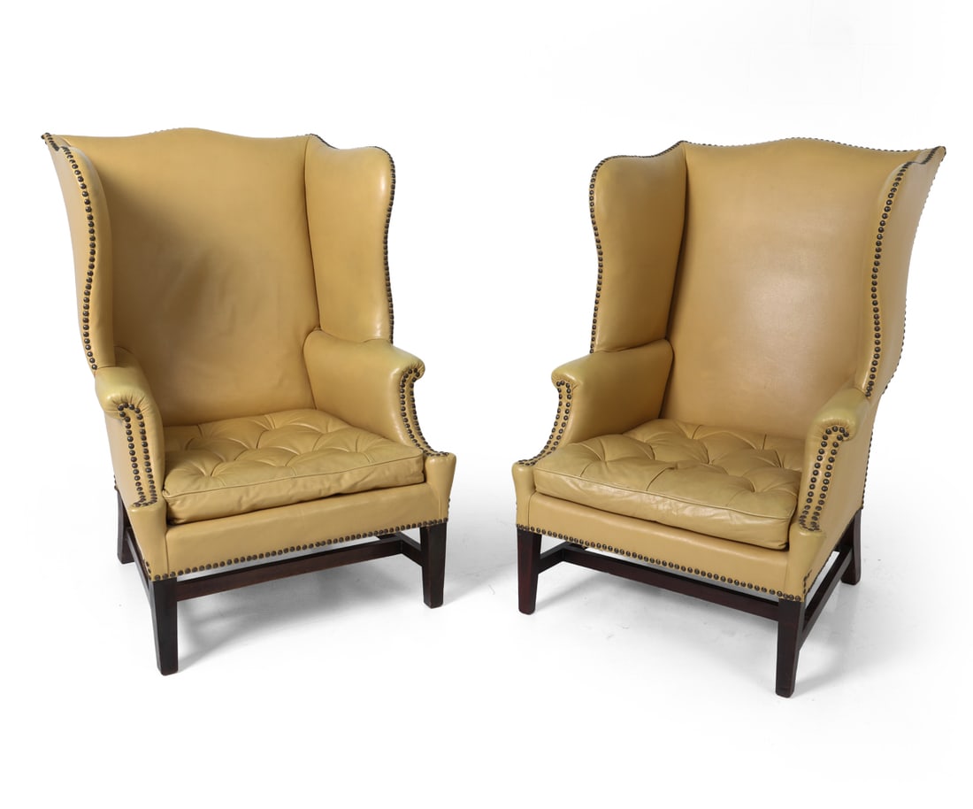 PAIR GEORGIAN STYLE LEATHER WINGBACK CHAIRS 1940S (1 of 19)