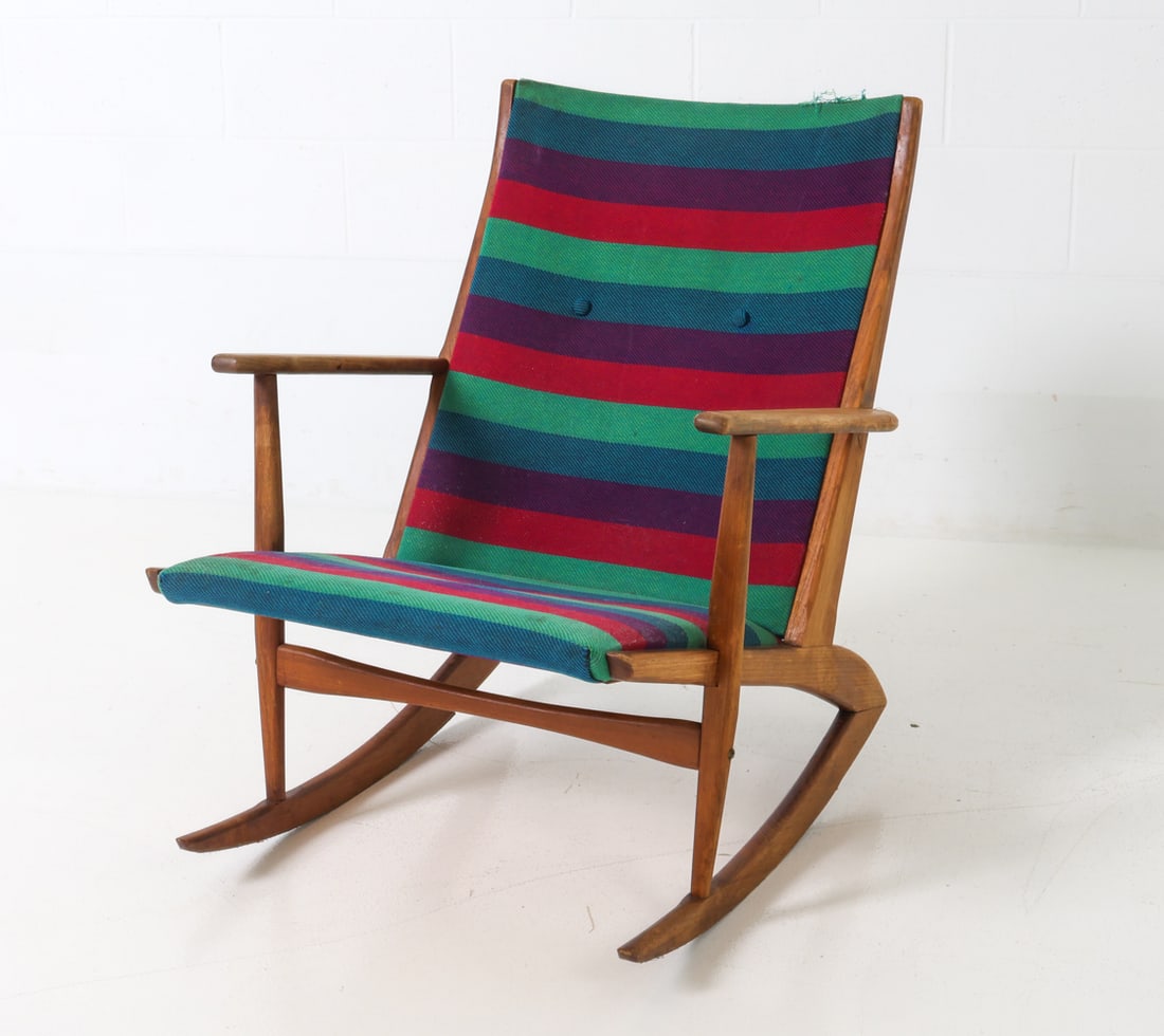 HOLGER JENSEN FOR TONDER TEAK ROCKING CHAIR 1960S: For Tonder Mobelvaerk. Danish teak rocking chair, with stripe upholstery. Apparently unmarked. Denmark, circa 1960's. Dimensions: H 32" x W 24" x D 30" x SH 15" Condition: Wear consistent with age