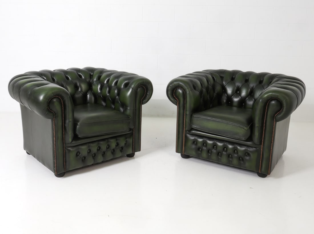 PAIR CHESTERFIELD STYLE GREEN LEATHER CLUB CHAIRS (1 of 19)