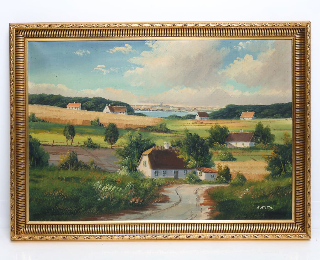 DANISH LANDSCAPE O/C PAINTING: Colorful landscape painting featuring farmland with a town near the water in the background. Indistinctly signed B. R...D lower right corner. Dimensions: (Frame) H 31.5" x W 43" (Canvas) H 26.75" x W