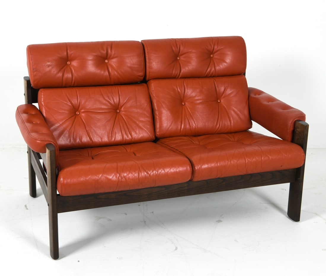 EKORNES "AMIGO" OAK & LEATHER LOVESEAT C. 1970S (1 of 1)