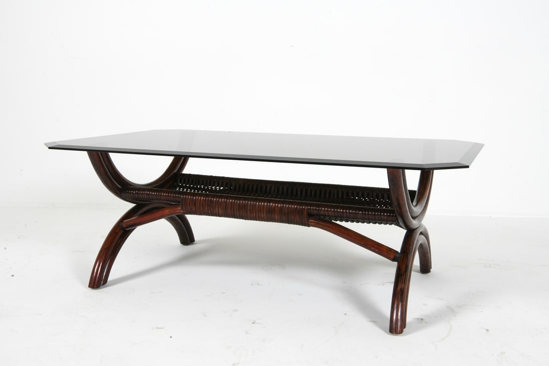 SLETTVOLL STYLE BAMBOO & GLASS COFFEE TABLE 1970S (1 of 1)