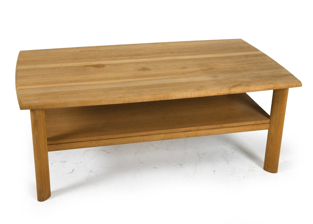 SKOVBY DANISH OAK COFFEE TABLE C. 1980S: Oak coffee table with drawer and pull-out tray. Tagged underneath. Denmark, circa 1980s. Dimensions: H 20" x W 52" x D 28". Condition: Few water marks and discoloration to top, wear consistent with