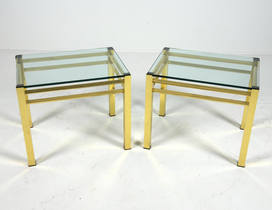 PAIR MAISON JANSEN STYLE BRASS & GLASS SIDE TABLES (1 of 1)