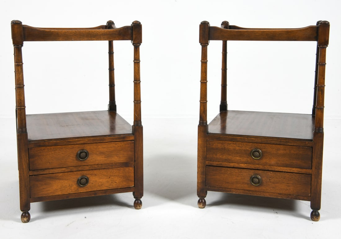 PAIR OF DANISH MAHOGANY NIGHSTANDS C. 1960S: (2) Mahogany nightstands with drawers. Denmark, circa 1960s. Dimensions: H 25.5" x W 16" x D 19". Condition: Minor scratches and small dings. Wear consistent with age and use.