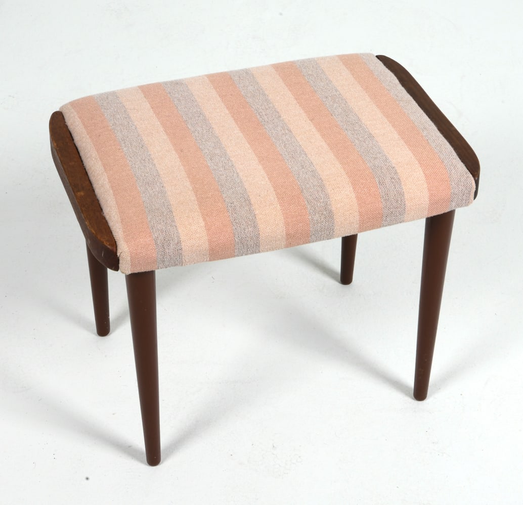 DANISH BEECH & WOOL OTTOMAN C. 1960S: Beech frame with striped wool upholstery. Denmark, circa 1960s. Dimensions: H 15.5" x W 17.5" x D 13.5". Condition: Scuffs and scratches to legs. Wear consistent with age and use.
